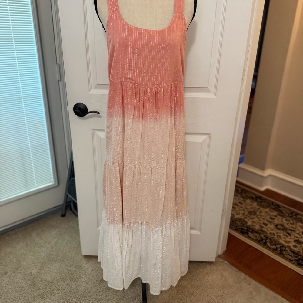 Linda Anderson Ombre Peach/Pink/Coral Maxi Sundress, Scoop Neck. Large